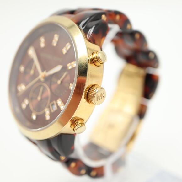 Michael Kors Faux Tortoise Chronograph 43mm MOP Watch 5.75" Bracelet MK-5216 - Picture 8 of 10